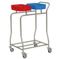 The Novocal stainless steel laundry collector "Compact plus" is a dual collector made of stainless steel with two colored containers and four wheels - ideal for efficient waste separation or medical laundry storage.