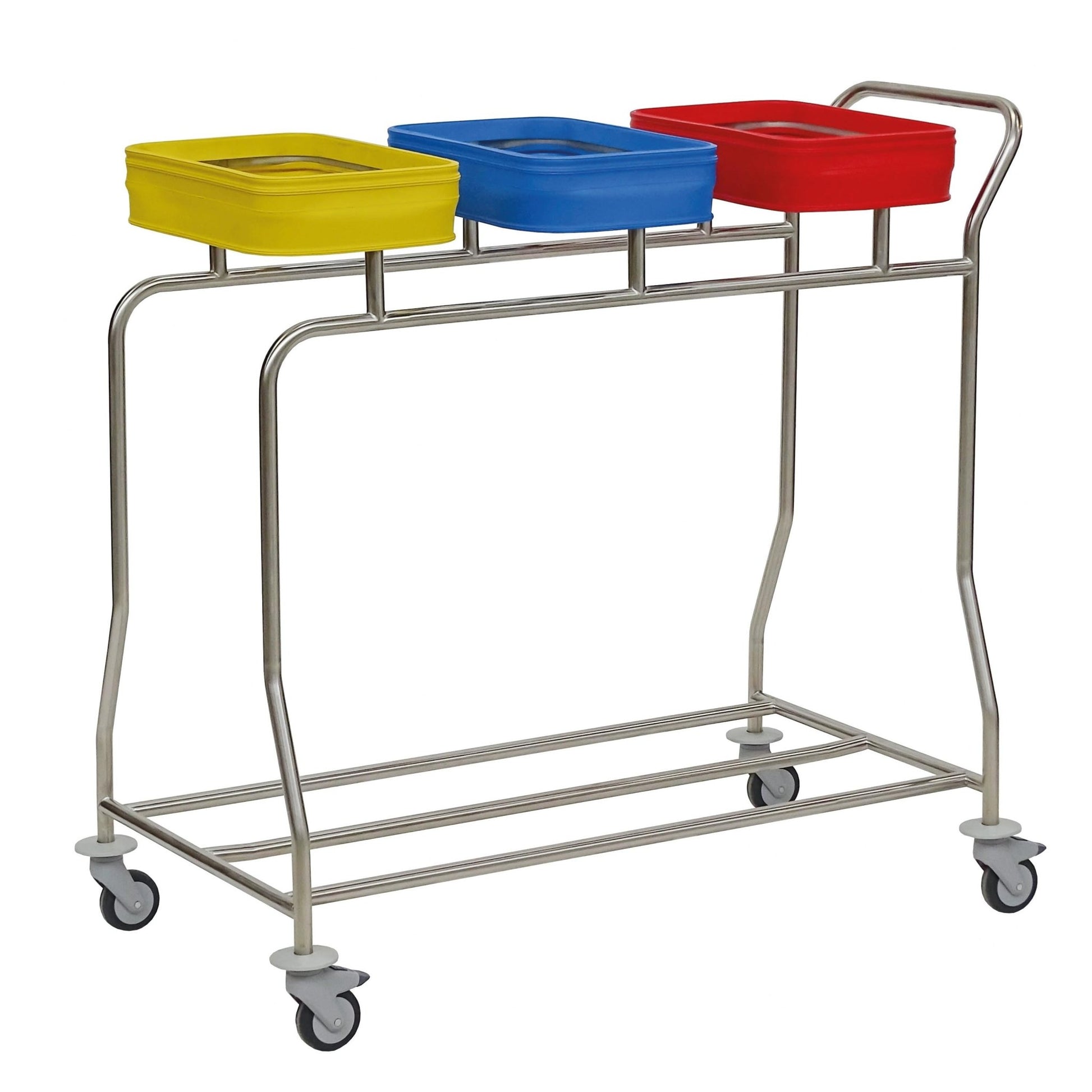 A space-saving solution: The Novocal stainless steel laundry collector "Compact plus" with three colored containers on wheels - ideal for sorting or collecting various items.
