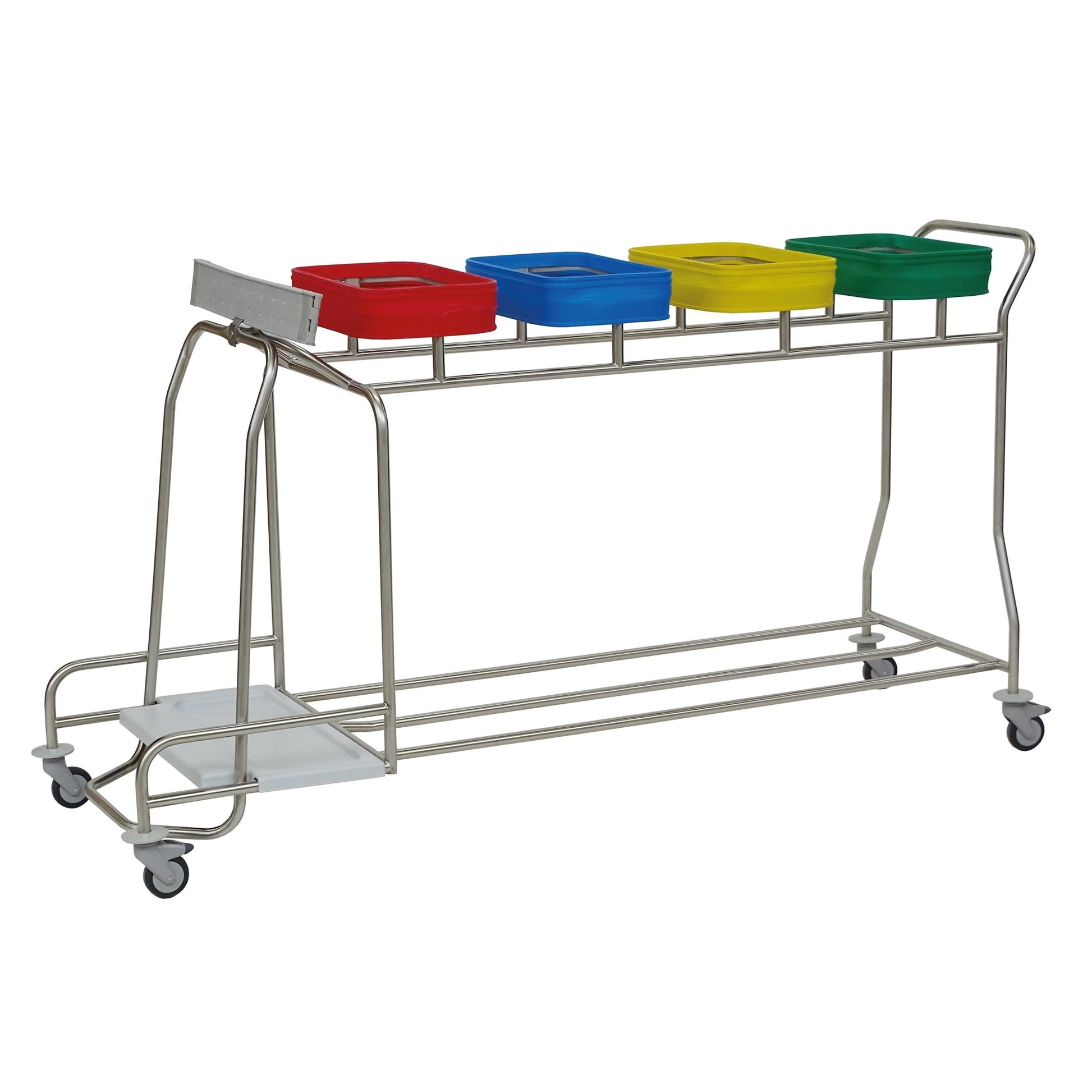 The Novocal stainless steel laundry collector "Kompakt plus" combination collector features a stainless steel frame with 4 compartments, colored lids (red, blue, yellow, green), four wheels, and a practical push handle. Brand: Novocal.