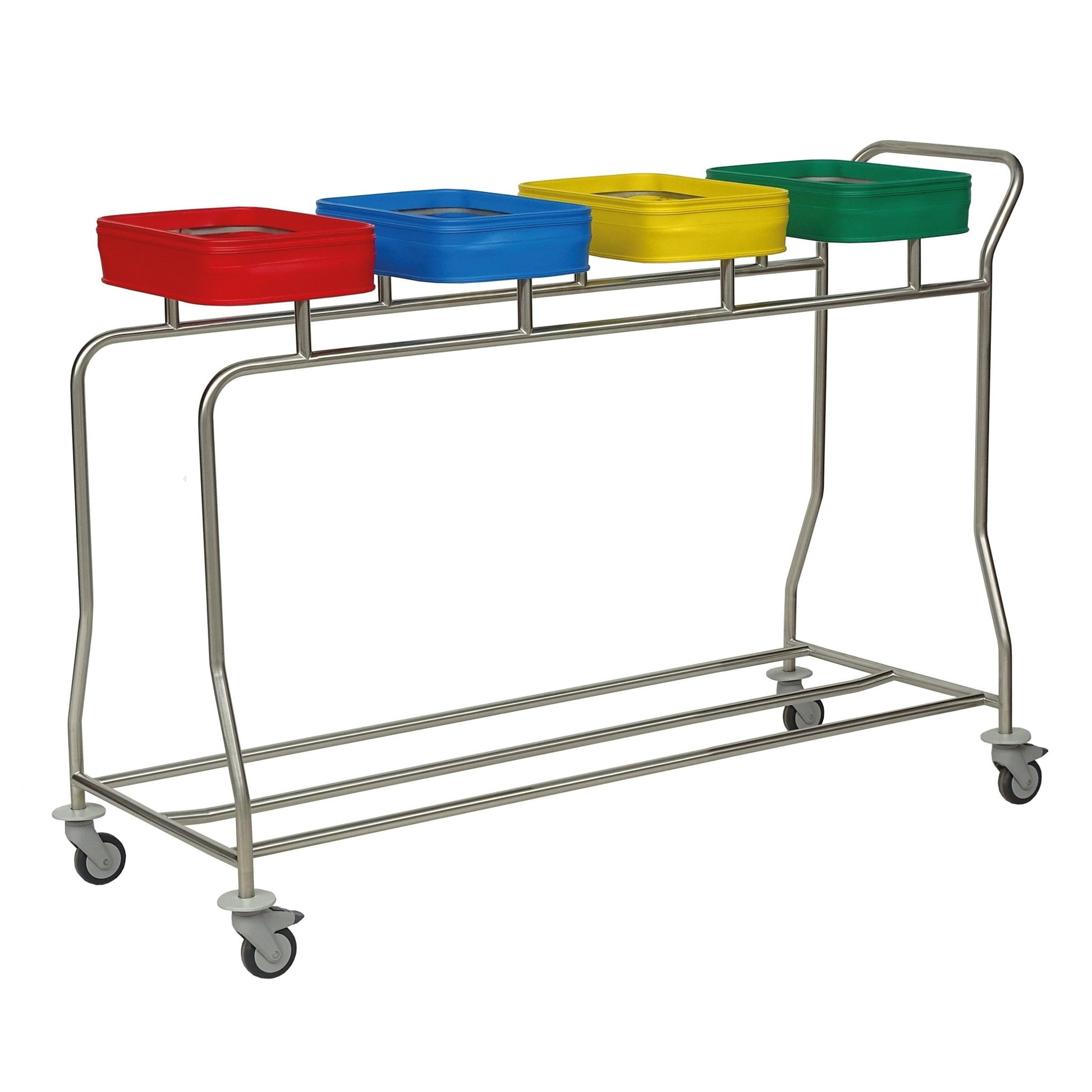 The Novocal stainless steel laundry collector "Kompakt plus" is a four-compartment collector with color-coded containers in red, blue, yellow, and green. Thanks to wheels and a handle, it is easy to transport.