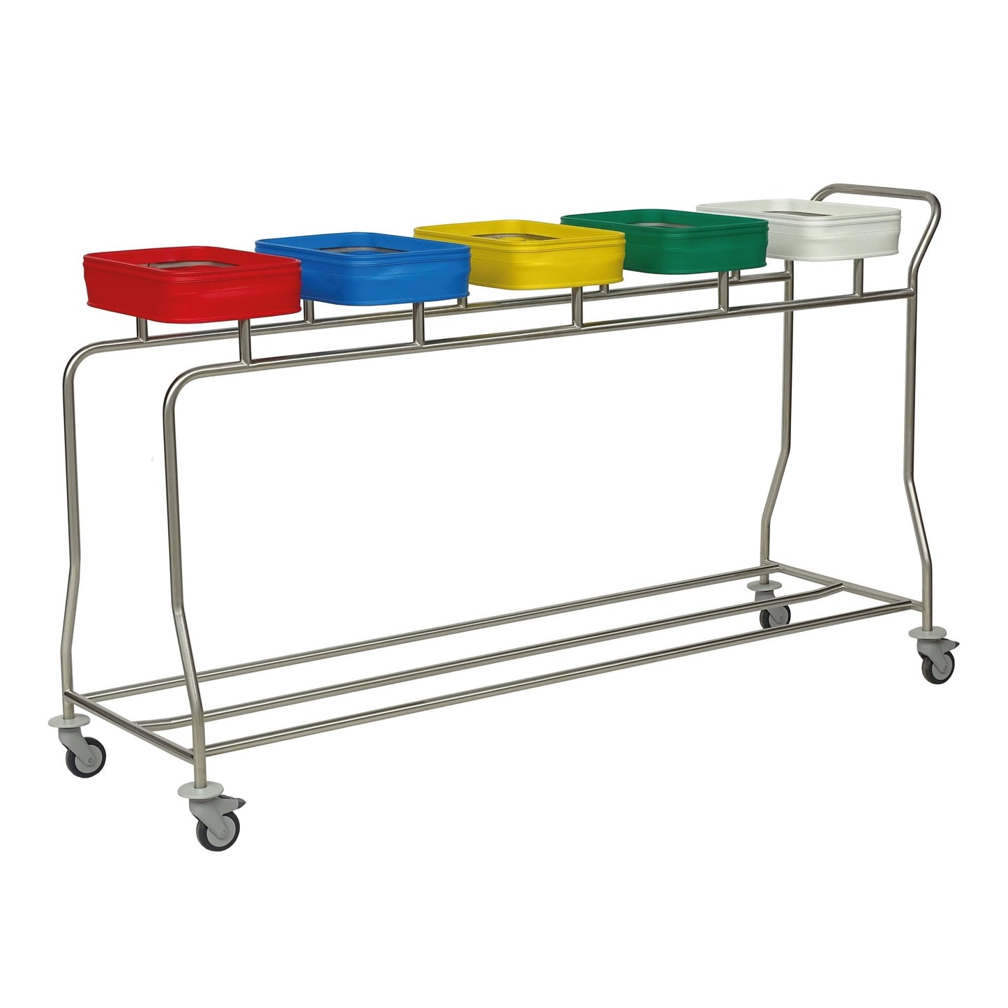 The Novocal stainless steel laundry collector "Compact plus" is a space-saving five-compartment collector trolley with five colored lids, four wheels, and a handle for comfortable transport.
