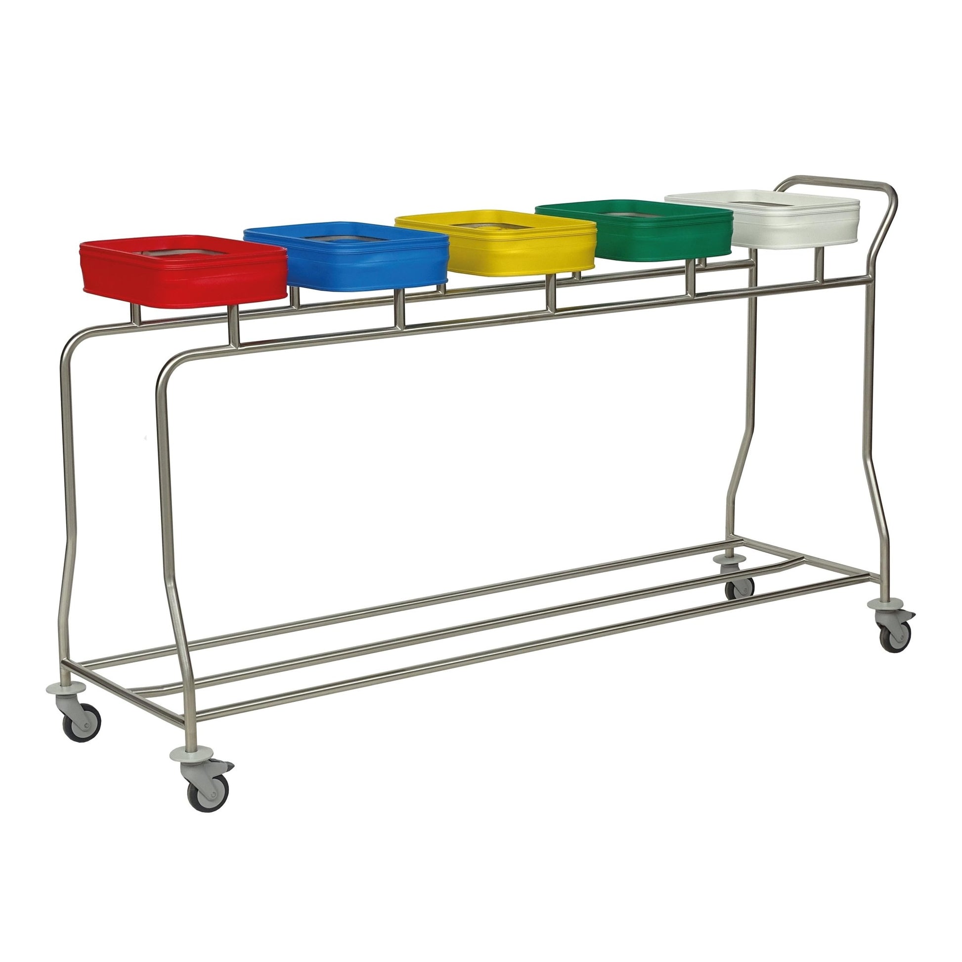 The Novocal stainless steel laundry collector "Compact plus" is a space-saving five-compartment collector trolley with five colored lids, four wheels, and a handle for comfortable transport.