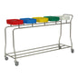 The Novocal stainless steel laundry collector "Compact plus" is a space-saving five-compartment collector trolley with five colored lids, four wheels, and a handle for comfortable transport.