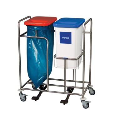 The Novocal recyclable collector combo collector 2-compartment features a stainless steel frame with wheels, a blue bag holder with a red lid, and a white "PAPER" container with a blue lid for organized waste separation and easy handling.