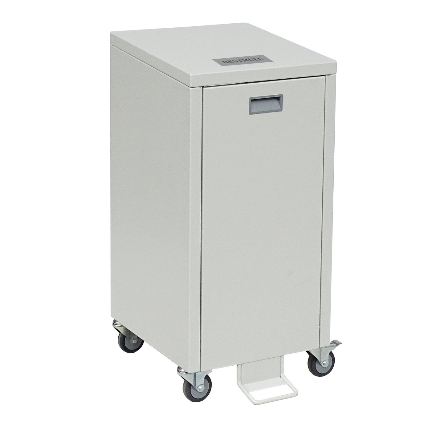 The Novocal recycling cabinet Series 3000 single collector is a rectangular, light gray steel container with a foot pedal, front handle, and four swivel casters. It features a small rectangular label on the top.