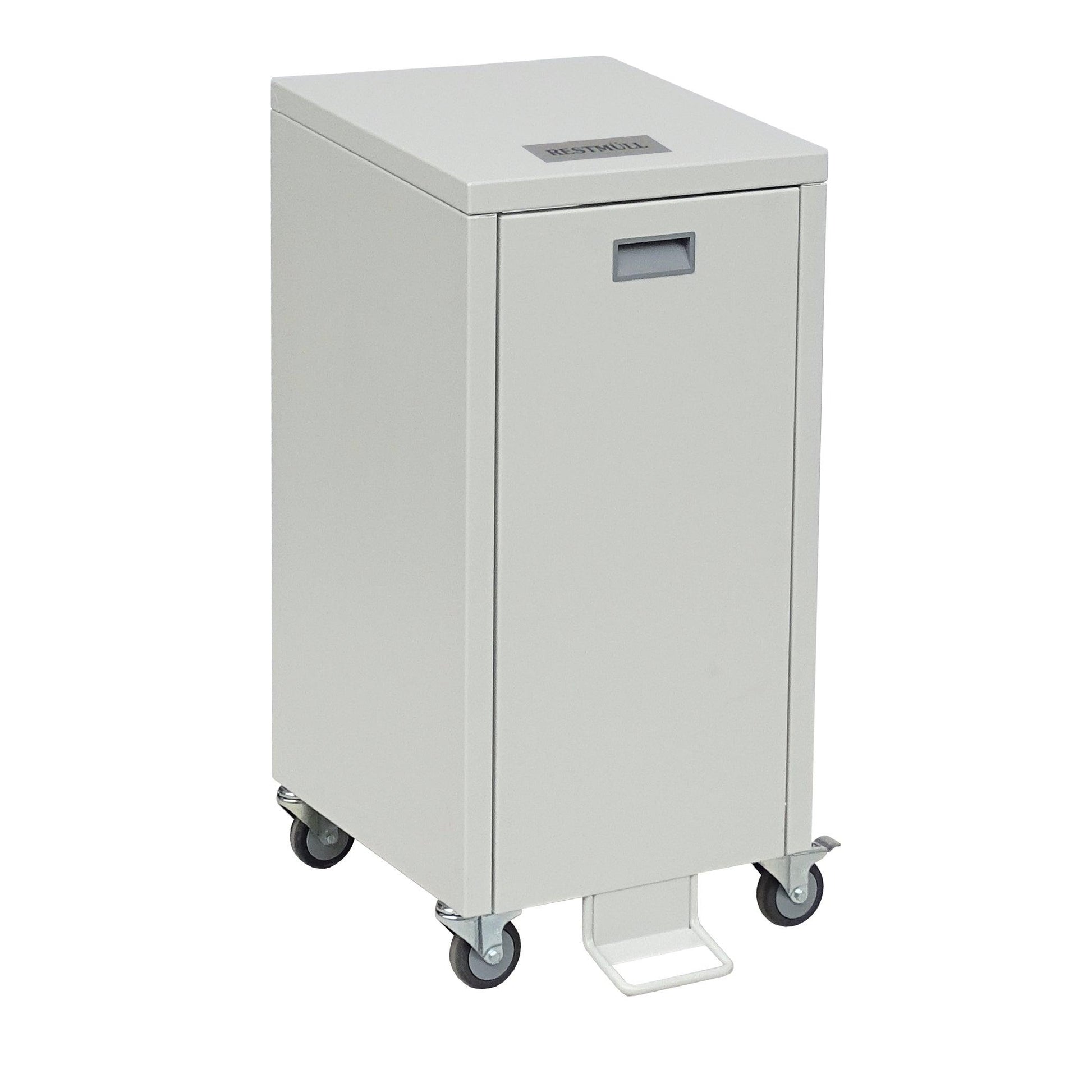 The Novocal recycling cabinet Series 3000 single collector is a rectangular, light gray steel container with a foot pedal, front handle, and four swivel casters. It features a small rectangular label on the top.