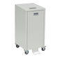 The Novocal recycling cabinet Series 3000 single collector is a rectangular, light gray steel container with a foot pedal, front handle, and four swivel casters. It features a small rectangular label on the top.