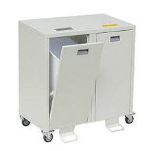 The Novocal recycling cabinet Series 3000 dual collector is a white, mobile waste bin made of steel with two front doors (one of which is partially open) for waste separation, each equipped with a handle and a small rectangular label.
