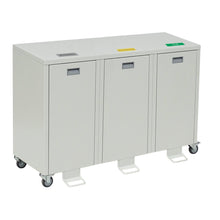 The Novocal recycling cabinet Series 3000 triple collector, made of plastic-coated steel sheet, offers three separate sections and makes waste separation for metal, combustible materials, and cans convenient and efficient.