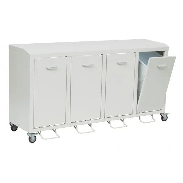 The Novocal recycling cabinet Series 3000 four-compartment collector is a white, steel cabinet mounted on wheels with four doors with foot pedals. An open door reveals the container, allowing for easy waste separation. Brand: Novocal. Material: plastic-coated sheet steel.