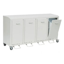The Novocal recycling cabinet Series 3000 four-compartment collector is a white, steel cabinet mounted on wheels with four doors with foot pedals. An open door reveals the container, allowing for easy waste separation. Brand: Novocal. Material: plastic-coated sheet steel.