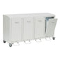 The Novocal recycling cabinet Series 3000 four-compartment collector is a white, steel cabinet mounted on wheels with four doors with foot pedals. An open door reveals the container, allowing for easy waste separation. Brand: Novocal. Material: plastic-coated sheet steel.