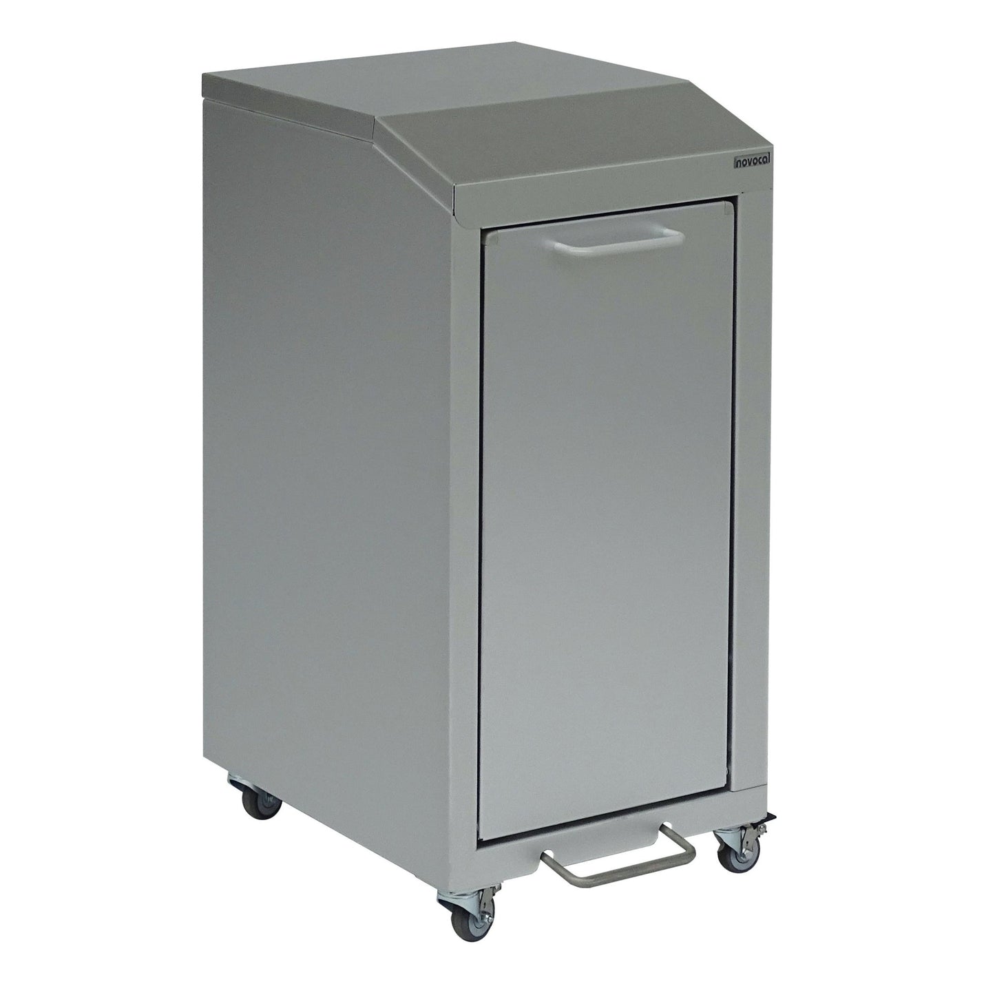 The Novocal recycling cabinet Series 3000 single collector is a storage cart made of aluminum with a handle, a front door, and four electrically conductive wheels for easy mobility. The package contains 1 piece.