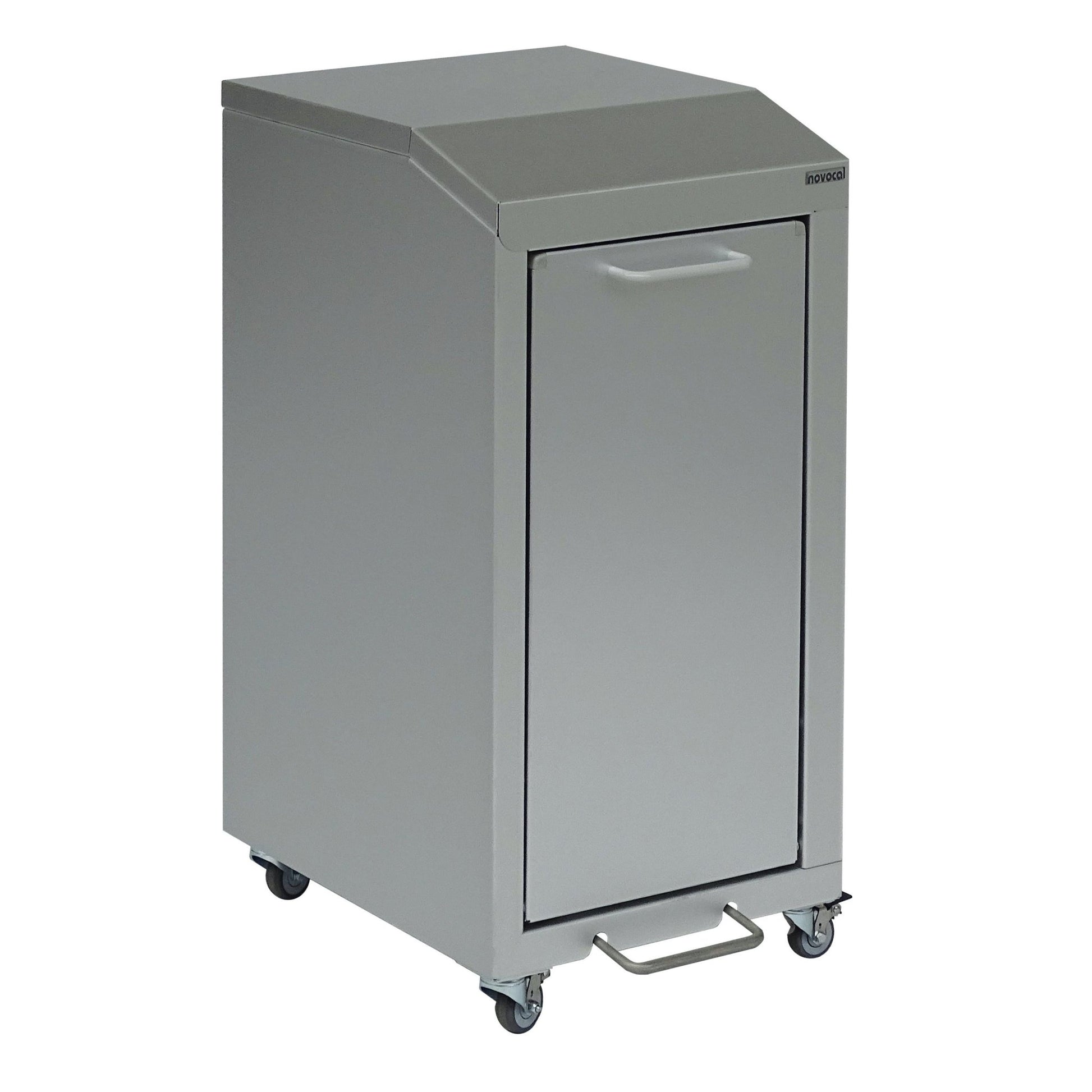 The Novocal recycling cabinet Series 3000 single collector is a storage cart made of aluminum with a handle, a front door, and four electrically conductive wheels for easy mobility. The package contains 1 piece.