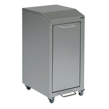 The Novocal recycling cabinet Series 3000 single collector is a storage cart made of aluminum with a handle, a front door, and four electrically conductive wheels for easy mobility. The package contains 1 piece.