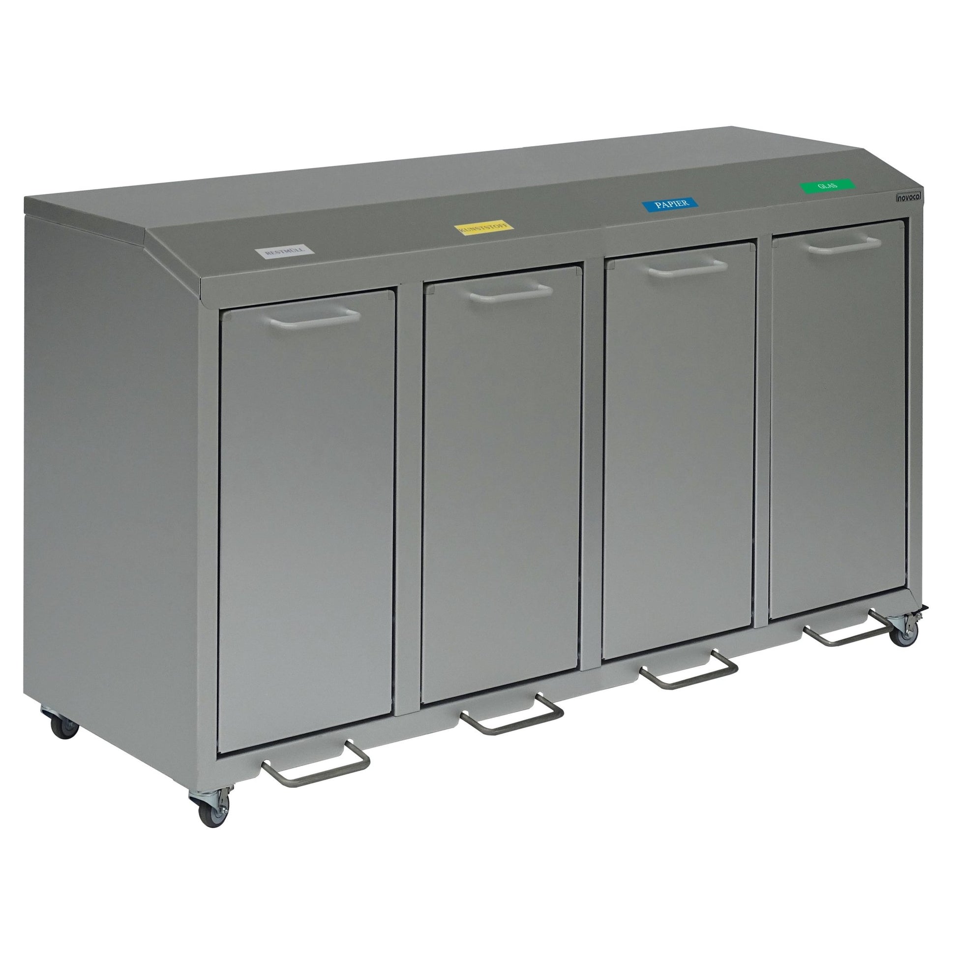 The Novocal recycling cabinet Series 3000 four-compartment collector is an aluminum recycling station with four electrically conductive compartments - ideal for efficient waste separation.