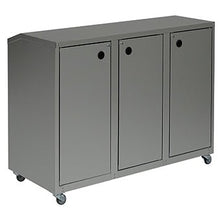 The Novocal recycling cabinet Series 3000 triple collector is a gray aluminum recycling cabinet with three compartments, each with a door and a round deposit hole. Four electrically conductive swivel castors ensure easy mobility.