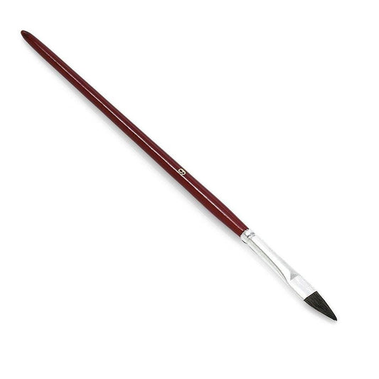 A Nölle Profi Brush touch-up brush from Nölle Profi Brush Bürsten- & Pinseltechnik e.K. with a long dark red handle, white metal ferrule, and fine natural hair blend is depicted angled for precision on a white background.