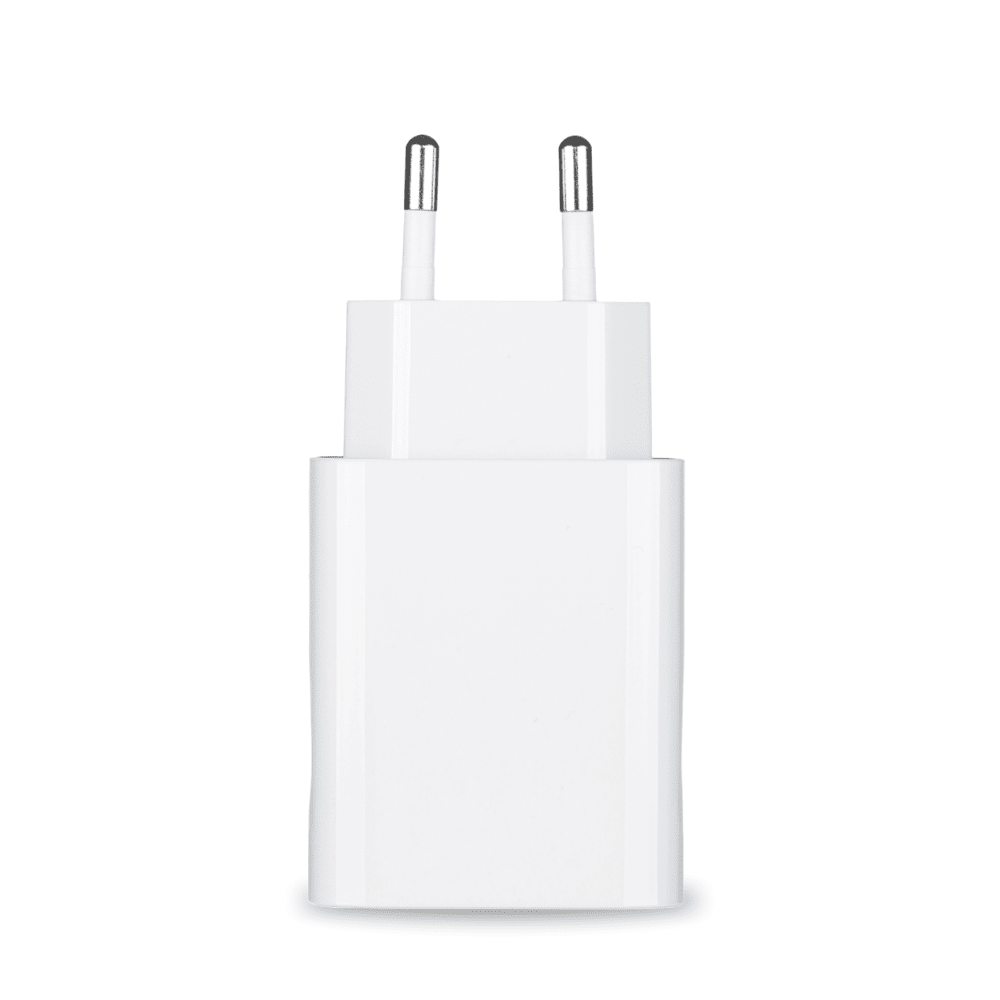 The power supply and the power supply protective case for the Pluslife Mini Dock are an elegant European plug adapter in white with two metal pins, which is ideal for operating electronic devices. It is presented upright against a plain white background, highlighting its elegant and minimalist design.