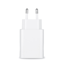 The power supply and the power supply protective case for the Pluslife Mini Dock are an elegant European plug adapter in white with two metal pins, which is ideal for operating electronic devices. It is presented upright against a plain white background, highlighting its elegant and minimalist design.