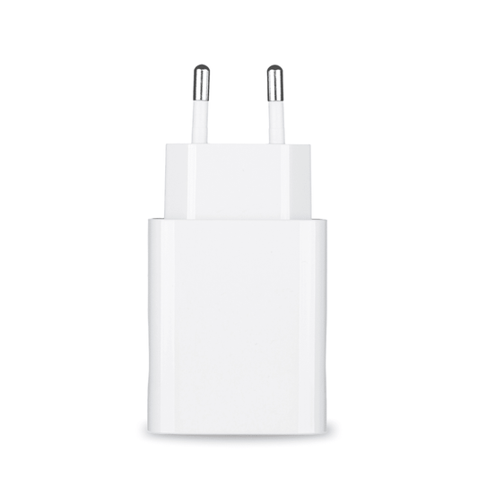The power supply and the power supply protective case for the Pluslife Mini Dock are an elegant European plug adapter in white with two metal pins, which is ideal for operating electronic devices. It is presented upright against a plain white background, highlighting its elegant and minimalist design.
