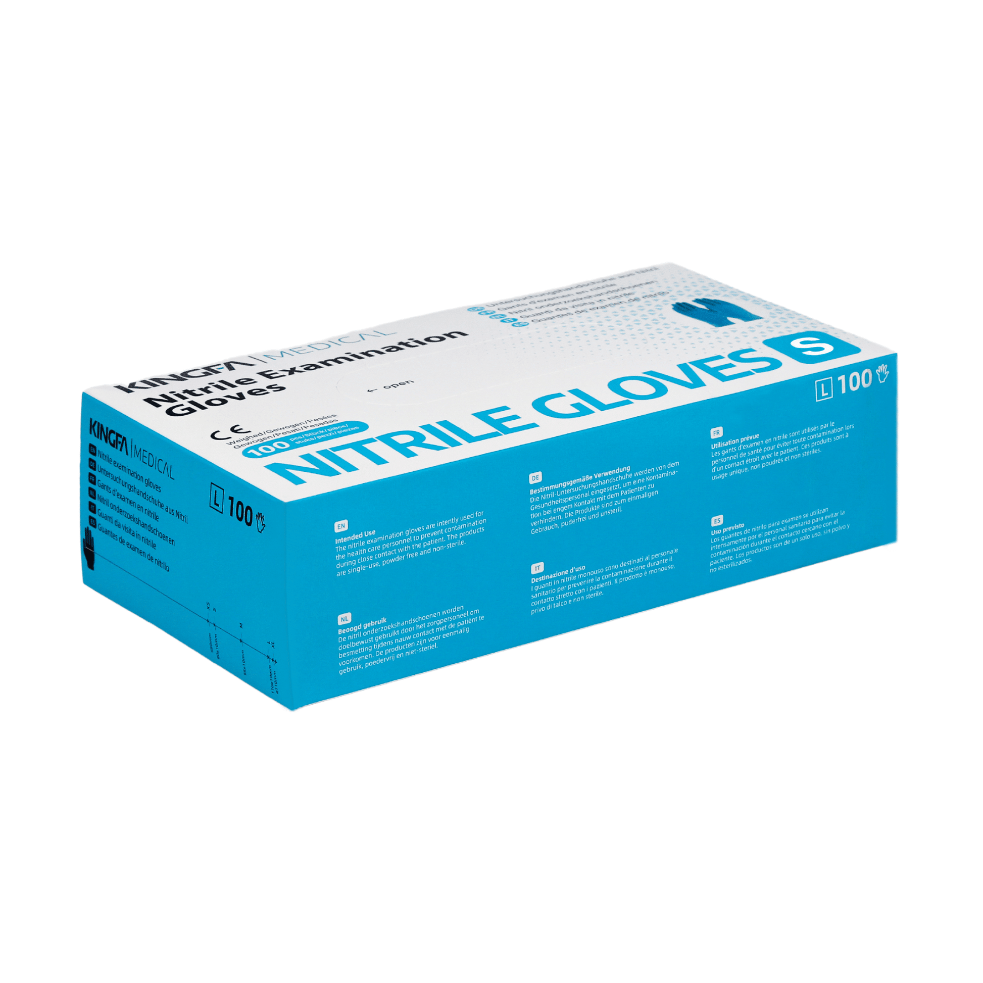 A box of nitrile examination gloves from Kingfa in cyan-white packaging, made of 100% synthetic nitrile and latex-free. The package contains 100 pieces. There is a text highlighting the product features.