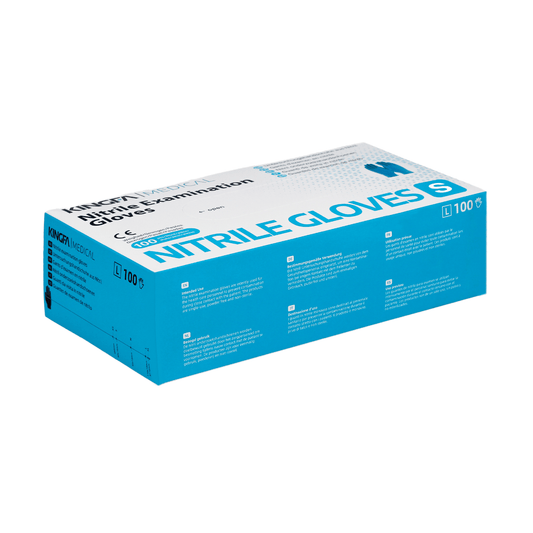 A box of nitrile examination gloves from Kingfa in cyan-white packaging, made of 100% synthetic nitrile and latex-free. The package contains 100 pieces. There is a text highlighting the product features.