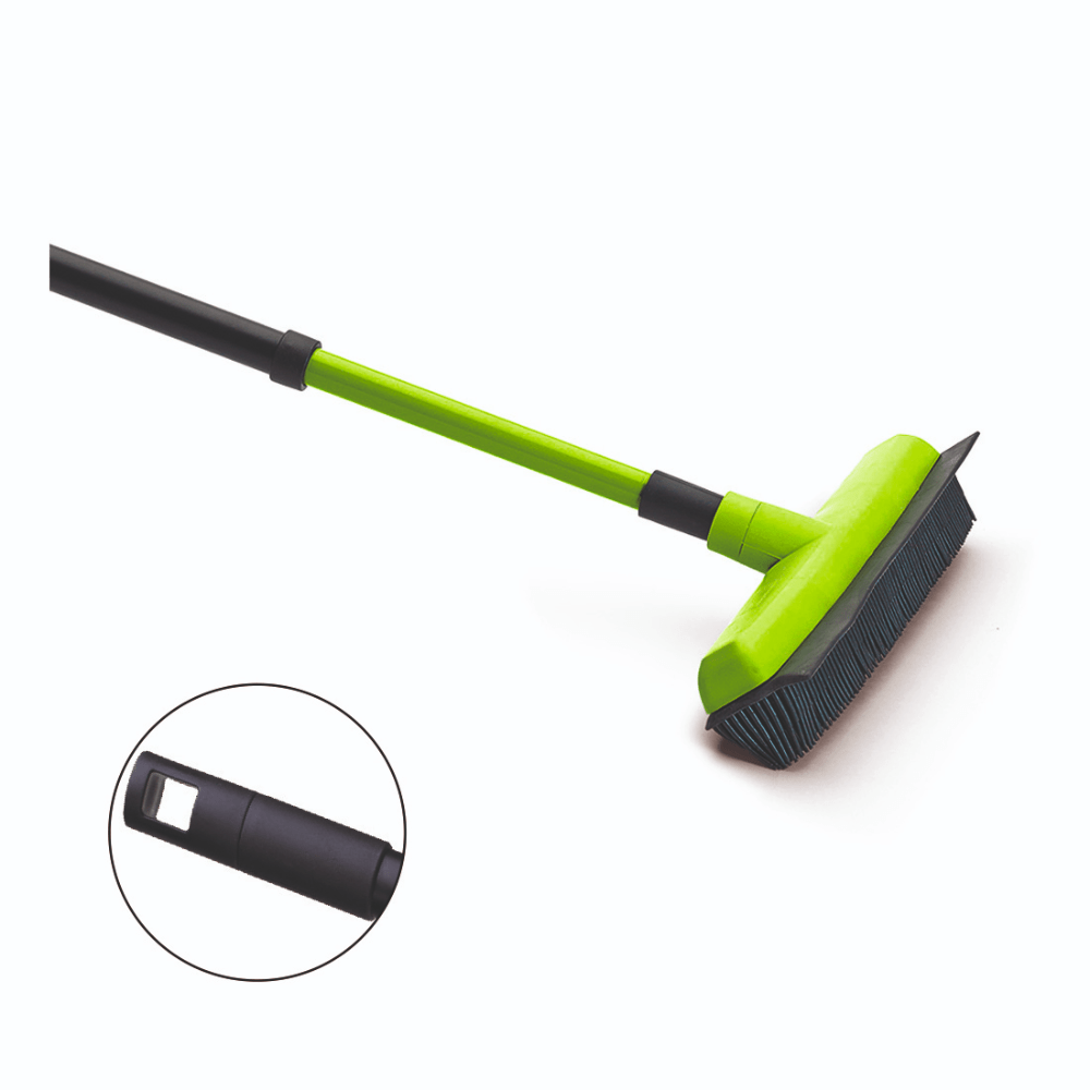 Pictured is the Nölle professional rubber brush with telescopic handle (34 cm, extendable up to 130 cm). An inset highlights the hanging hole of the handle. The white background emphasizes the adjustable design for convenient cleaning.
