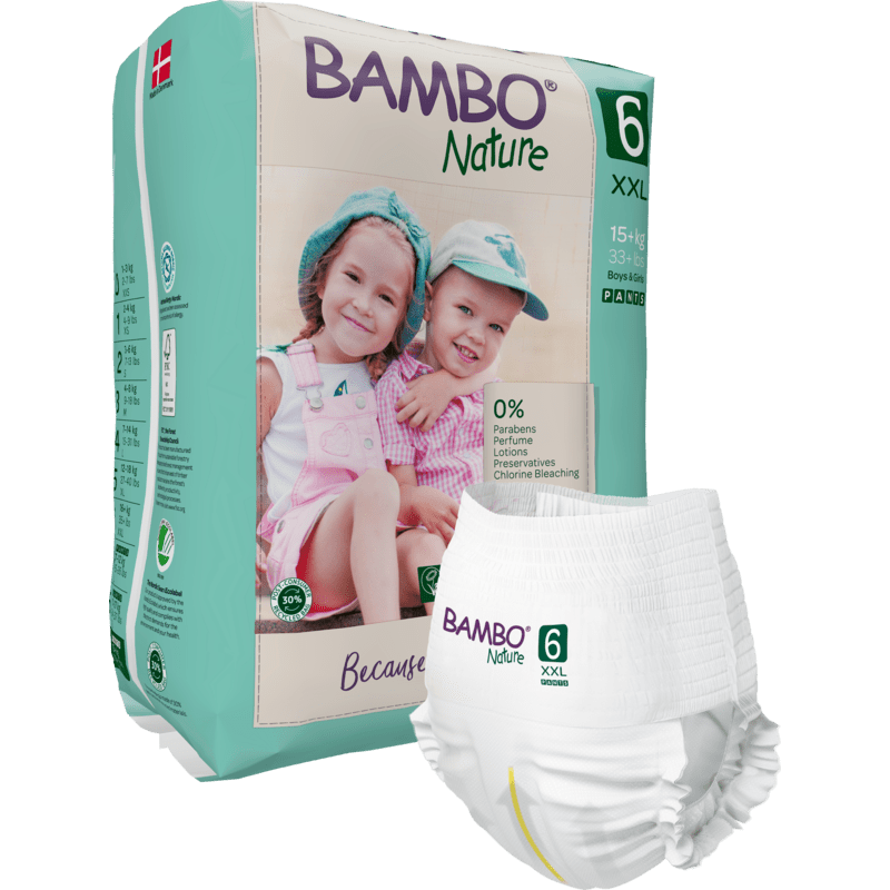 A pack of Bambo Nature Pants from Abena Re-Seller GmbH in XXL Size 6 shows two smiling children, with a diaper in front to emphasize the gentle, eco-friendly design.
