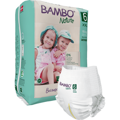 A pack of Bambo Nature Pants from Abena Re-Seller GmbH in XXL Size 6 shows two smiling children, with a diaper in front to emphasize the gentle, eco-friendly design.