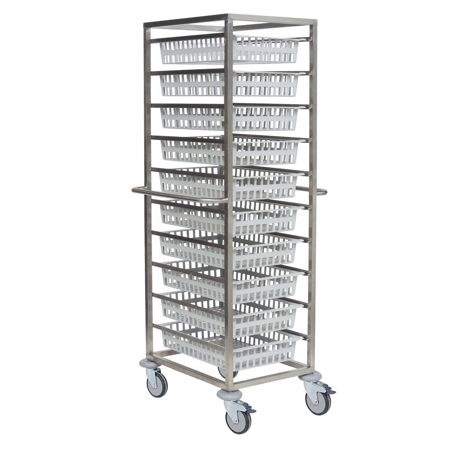 The Novocal open module trolley version 1-row made of stainless steel with two side handles and four swivel casters holds eight white plastic baskets that are stacked vertically. Brand: Novocal. Package size: 1 piece.
