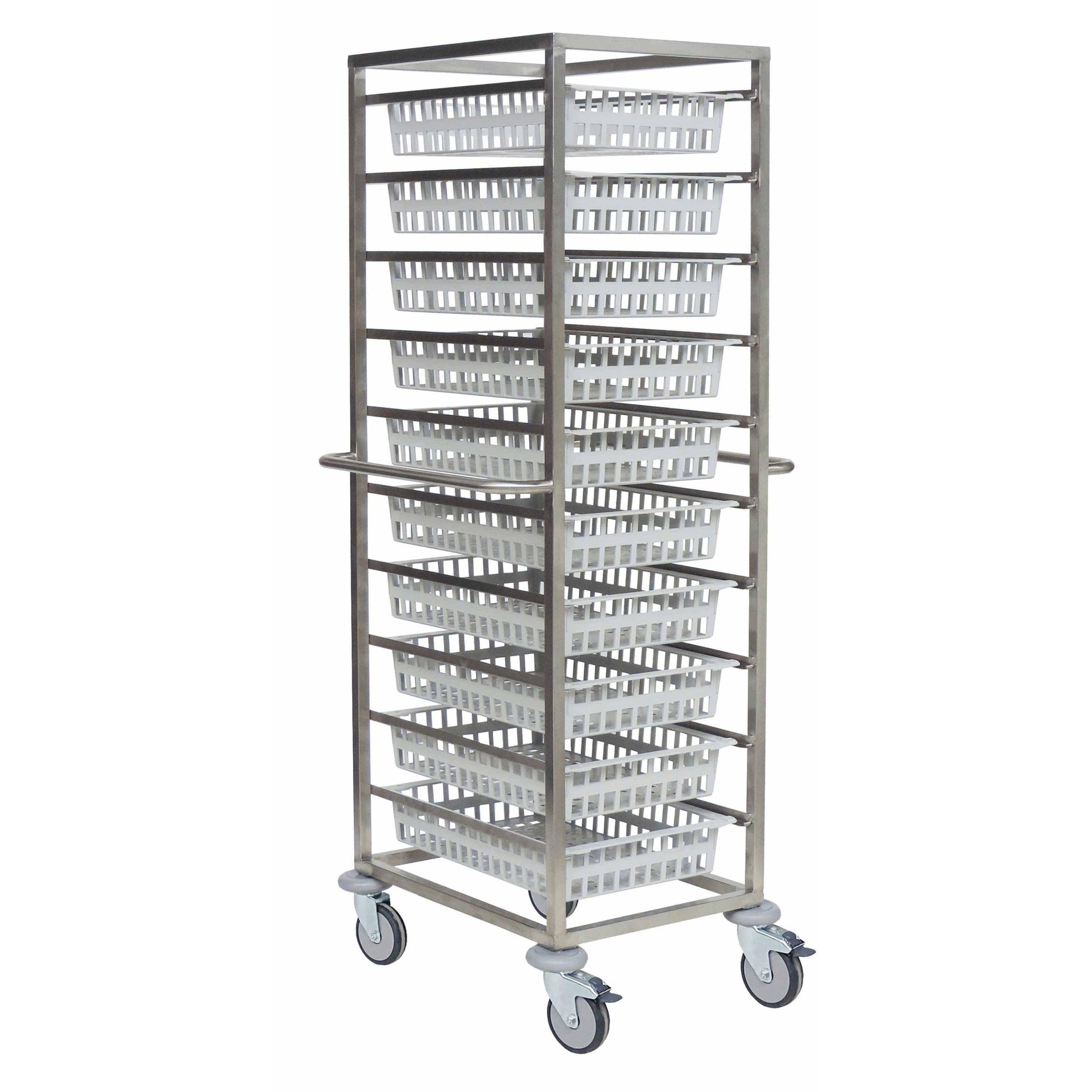 The Novocal open module trolley version 1-row made of stainless steel with two side handles and four swivel casters holds eight white plastic baskets that are stacked vertically. Brand: Novocal. Package size: 1 piece.