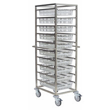 The Novocal open module trolley version 1-row made of stainless steel with two side handles and four swivel casters holds eight white plastic baskets that are stacked vertically. Brand: Novocal. Package size: 1 piece.