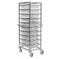 The Novocal open module trolley version 1-row made of stainless steel with two side handles and four swivel casters holds eight white plastic baskets that are stacked vertically. Brand: Novocal. Package size: 1 piece.