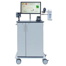 The Novocal IT cart type Optivisit is a mobile medical workstation with a monitor, barcode scanner, disinfectant dispenser, and printer in a gray two-door cabinet with four swivel casters. Brand: Novocal.