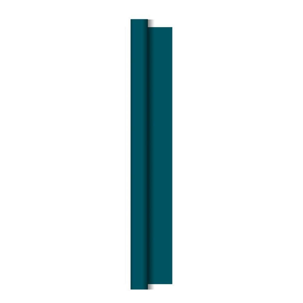 A vertical blue-green rectangle, reflecting the texture of the Dunicel tablecloth rolls 1.18 m x 25 m by Duni GmbH, features a narrow raised strip with shadow on the left – ideal for flexible table decoration at large events on a plain white background.