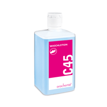 Rectangular 500 ml bottle of Orochemie C 45 mild washing lotion from orochemie GmbH + Co KG with a white cap, blue liquid, and a white/pink label with the inscription "pH-skin neutral" and a handwashing symbol.