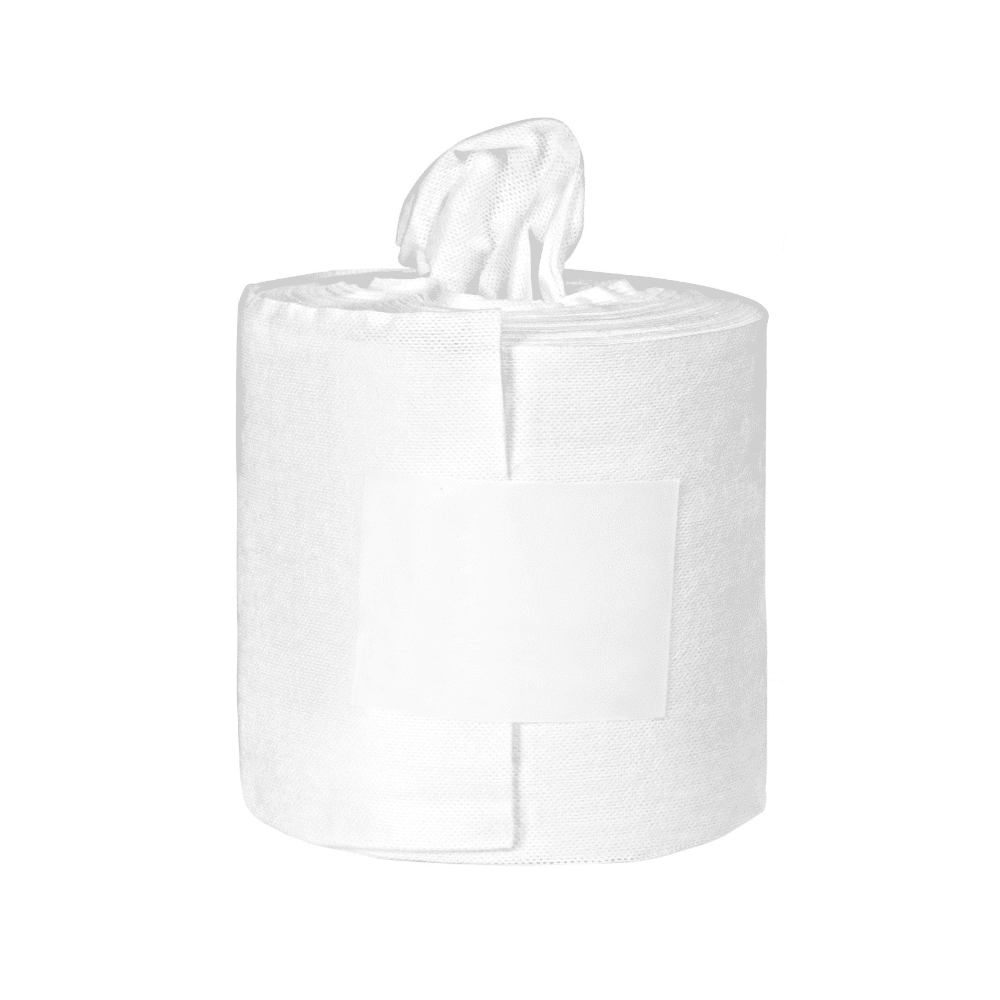 A roll of Orochemie oro® nonwoven cloths standard refill pack from orochemie GmbH + Co KG, with a single sheet taken from the center, isolated on a white background.