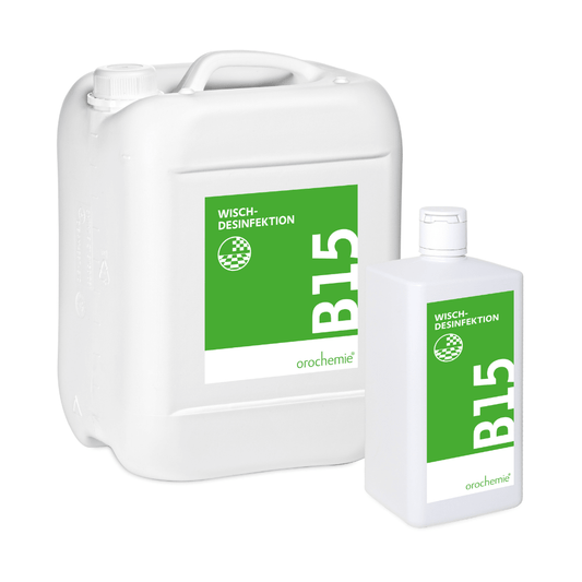 Two white containers - a large canister, a smaller bottle - bear green and white labels with the inscription "Orochemie B 15 Wischdesinfektion" of orochemie GmbH + Co KG, an effective concentrate against all viruses for surface disinfection.