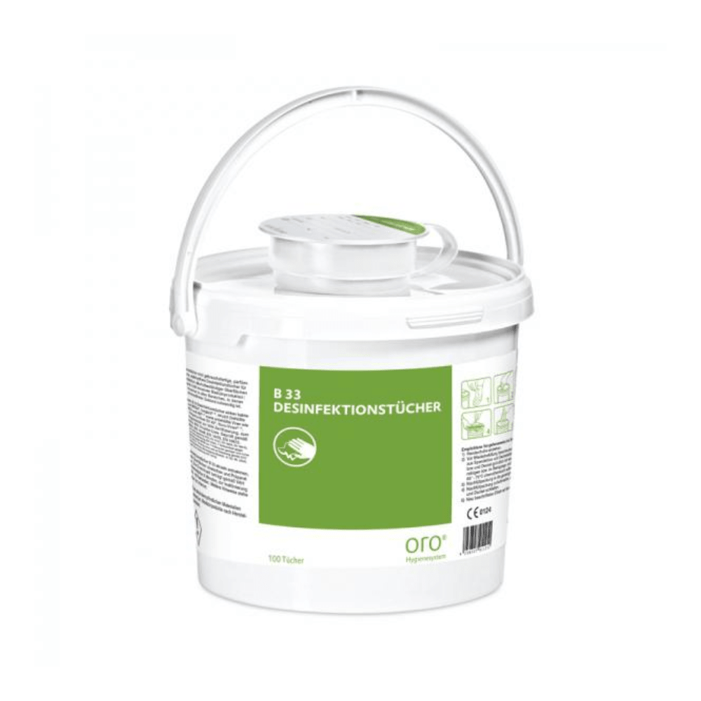 A white Orochemie dispenser box made of plastic with a carrying handle, labeled "Orochemie B 33 Disinfectant Wipes", contains 100 disinfectant wipes and a green-gray label with usage instructions.