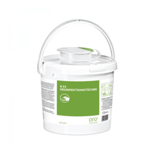 A white Orochemie dispenser box made of plastic with a carrying handle, labeled "Orochemie B 33 Disinfectant Wipes", contains 100 disinfectant wipes and a green-gray label with usage instructions.