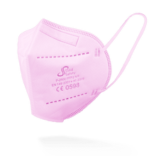 A pink SolidSafety Filtering Half Mask FFP2 NR from AMPri Handelsgesellschaft mbH with ear loops, certification details, and the Solid Safety logo is depicted against a plain white background.