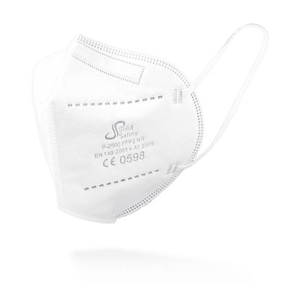 The SolidSafety Filtering Half Mask FFP2 NR from AMPri Handelsgesellschaft mbH is white, with ear loops and particle protection. The brand, certification, and safety standards are displayed on the surface; it is set against a plain background.