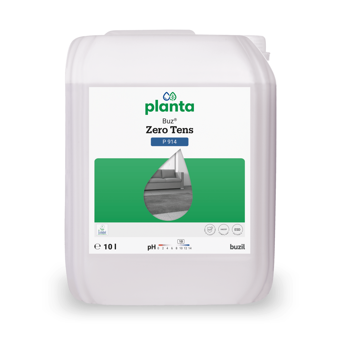 A white 10L plastic container labeled "Buz® Zero Tens colorless universal cleaner" from BUZIL-WERK Wagner GmbH & Co. KG with green accents, droplet graphics, cleaning symbols, pH value 7.5-8.4 - an effective universal cleaner for many applications.