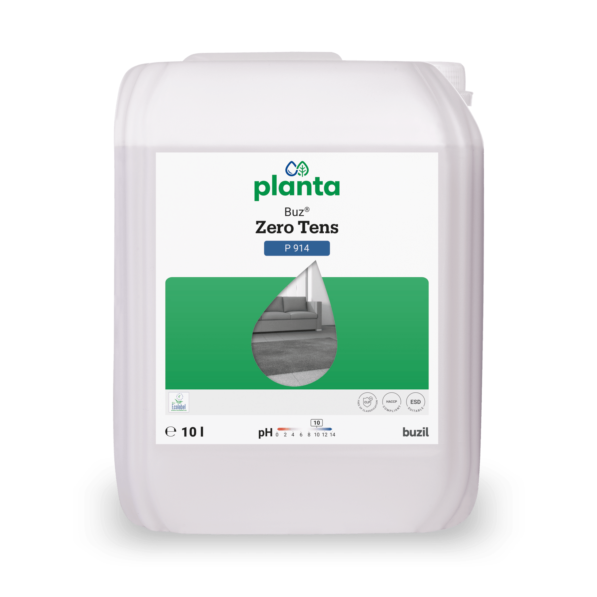 A white 10L plastic container labeled "Buz® Zero Tens colorless universal cleaner" from BUZIL-WERK Wagner GmbH & Co. KG with green accents, droplet graphics, cleaning symbols, pH value 7.5-8.4 - an effective universal cleaner for many applications.