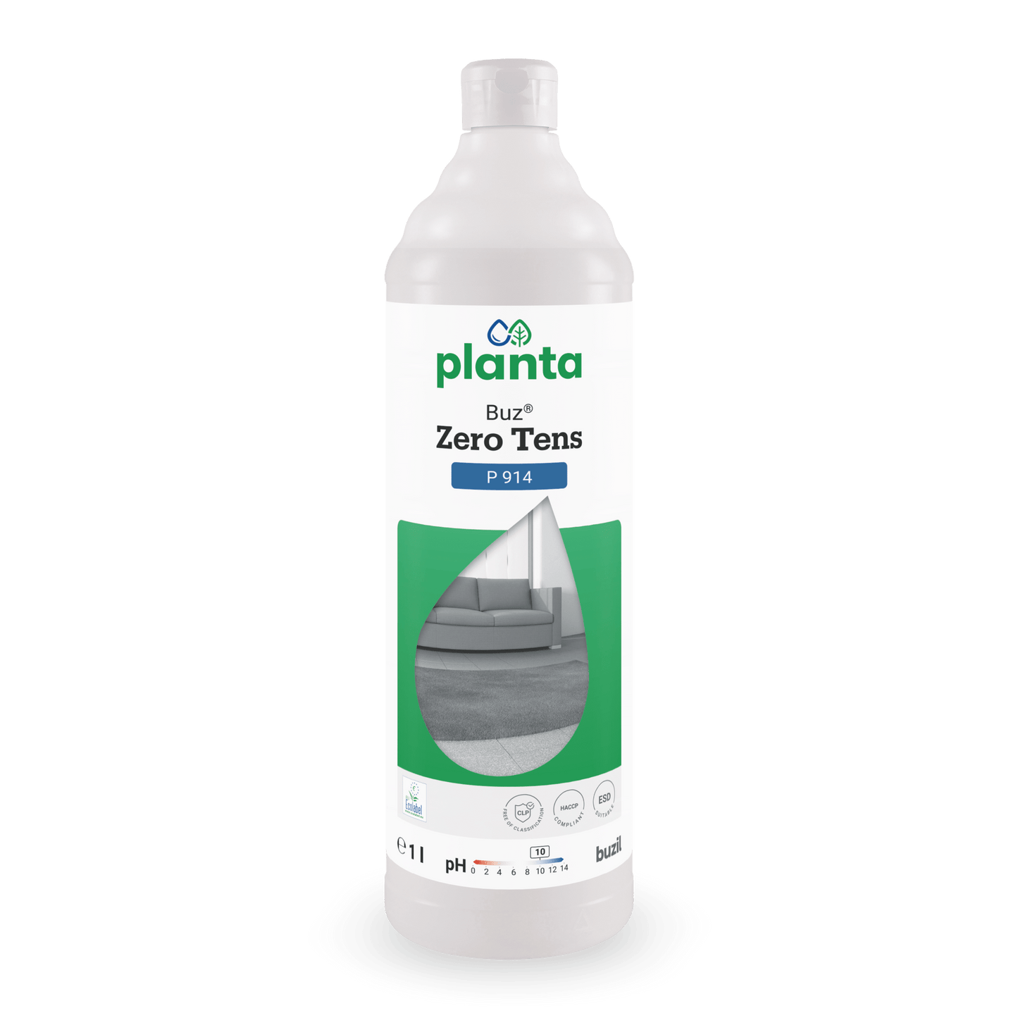 A white 1-liter bottle of Buz® Zero Tens colorless universal cleaner from BUZIL-WERK Wagner GmbH & Co. KG, with a green label showing a gray sofa and a carpet, displays information about the brand and the cleaning agent.