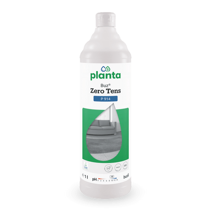 A white 1-liter bottle of Buz® Zero Tens colorless universal cleaner from BUZIL-WERK Wagner GmbH & Co. KG, with a green label showing a gray sofa and a carpet, displays information about the brand and the cleaning agent.