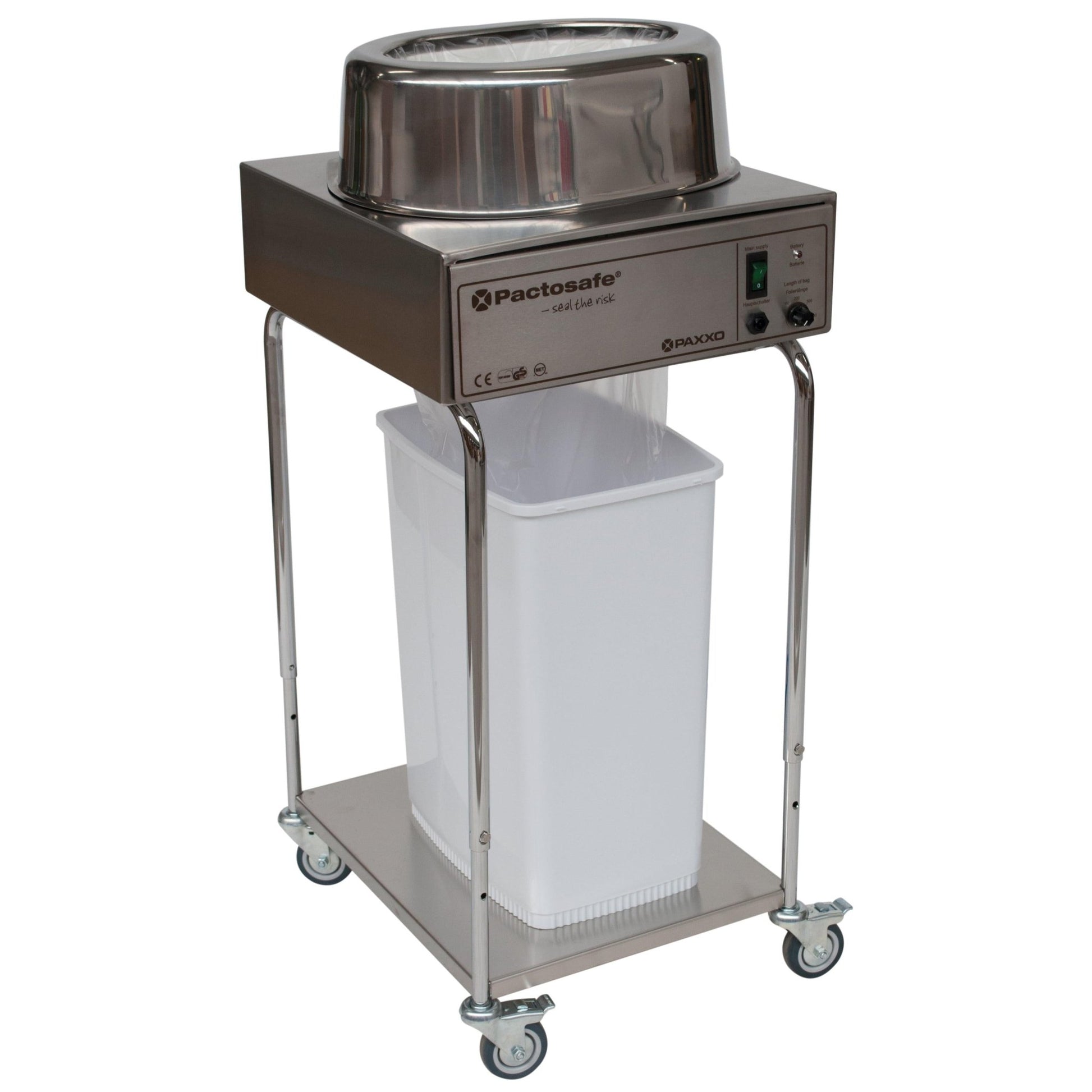 The Novocal waste sealing device Pactosafe open - battery version is a height-adjustable stainless steel waste sealing device with a control panel, round metal plate, white container underneath, and four castors for mobility.