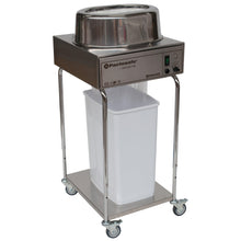 The Novocal waste sealing device Pactosafe open - battery version is a height-adjustable stainless steel waste sealing device with a control panel, round metal plate, white container underneath, and four castors for mobility.