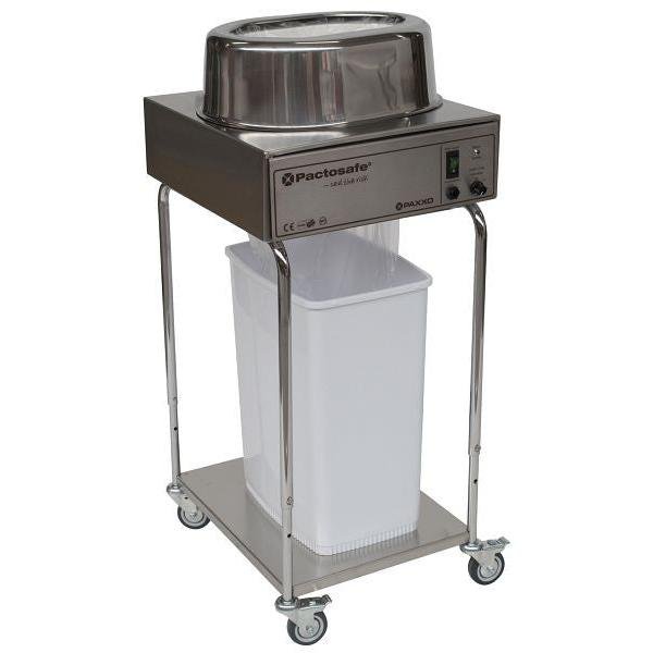 The Novocal waste sealing device Pactosafe open - network version made of stainless steel is height-adjustable, on four wheels and features a control panel, large top opening, and a white waste container for efficient disposal in medical areas.